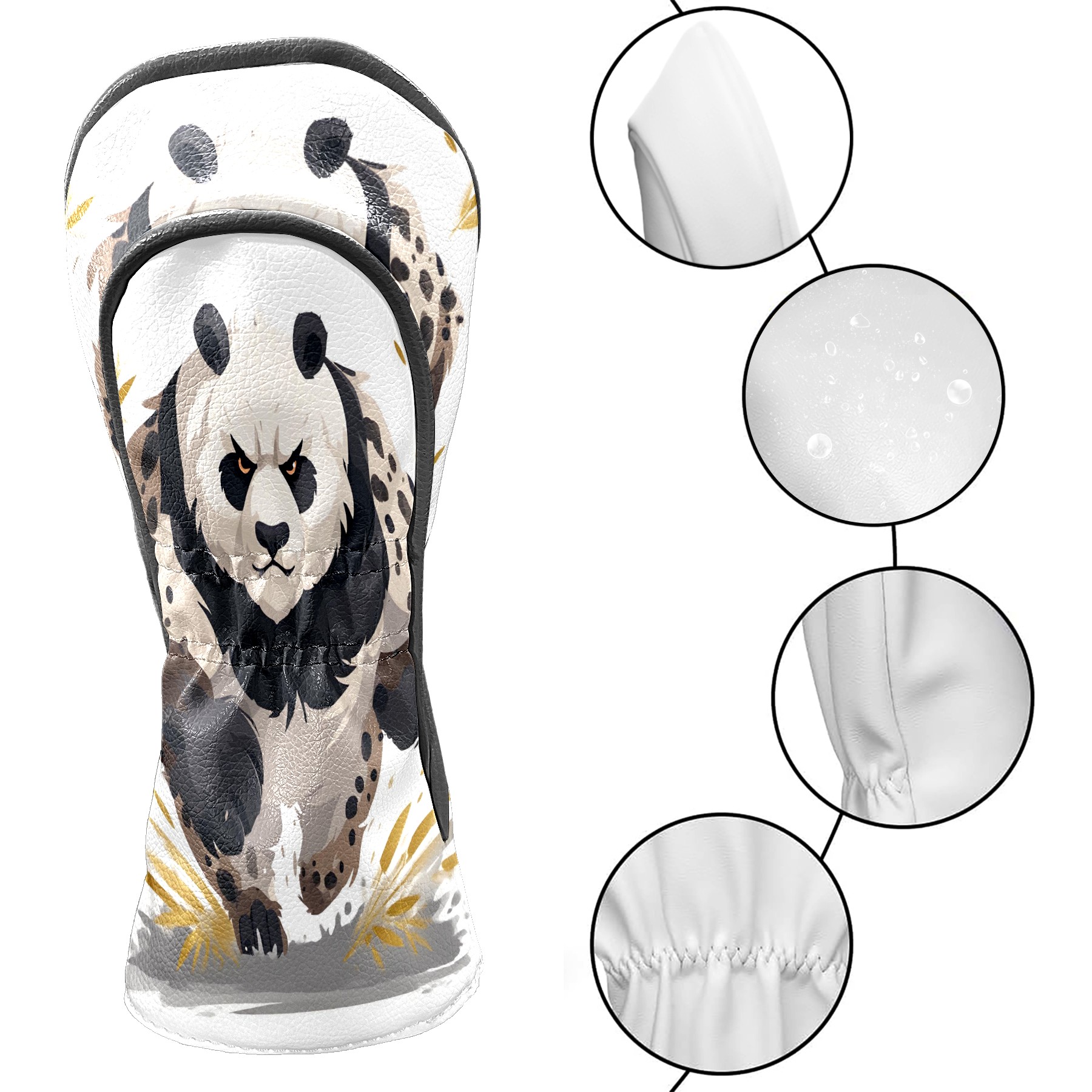 Club Head Covers - Panda Brown Design, Premium PU Leather Driver Hybrid Headcovers with Velvet Lining, Waterproof Golf Gifts for Men Women