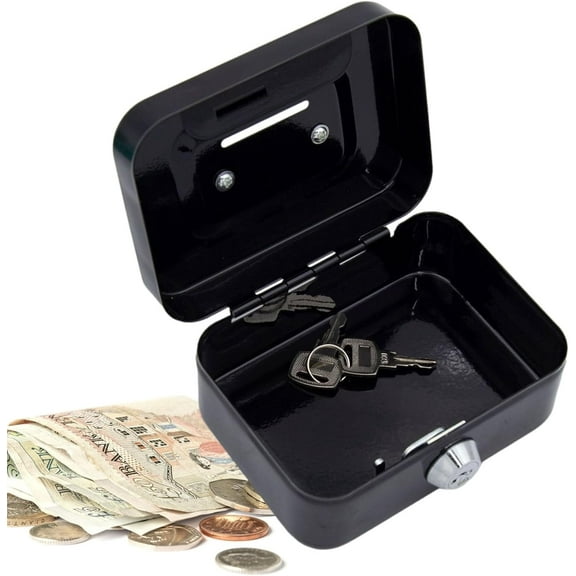 Portable Safe Metal Money Boxes for Cash, Small Saving Money Lock Box with Slot, for Daily Use Household and Traveling, Black