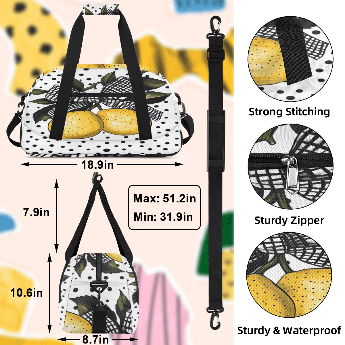 Herdesigns Lemon Sports Duffle Bags Travel Duffle Bag Gym Bag Cute Fruit Weekender Travel Bag Waterproof Overnight Bag Carry On Travel Tote Bag Dance Bags