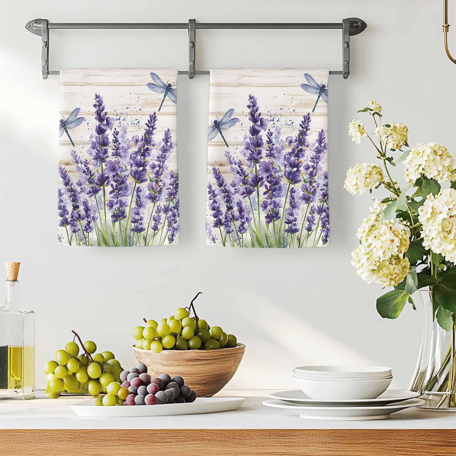 Purple Lavender Kitchen Towels Set of 2, Summer Watercolor Dragonfly Wooden Grain Absorbent Dish Towels for Kitchen, Microfiber Hand Towel, Quick Drying Tea Towel for Cleaning Decorative Dishcloths