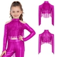 thumbnail image 3 of iiniim Girls Metallic Sequin Tassel Crop Top Cold Shoulder Cutout Back Long Sleeve Latin Jazz Dance Shirt Hot Pink 8, 3 of 7