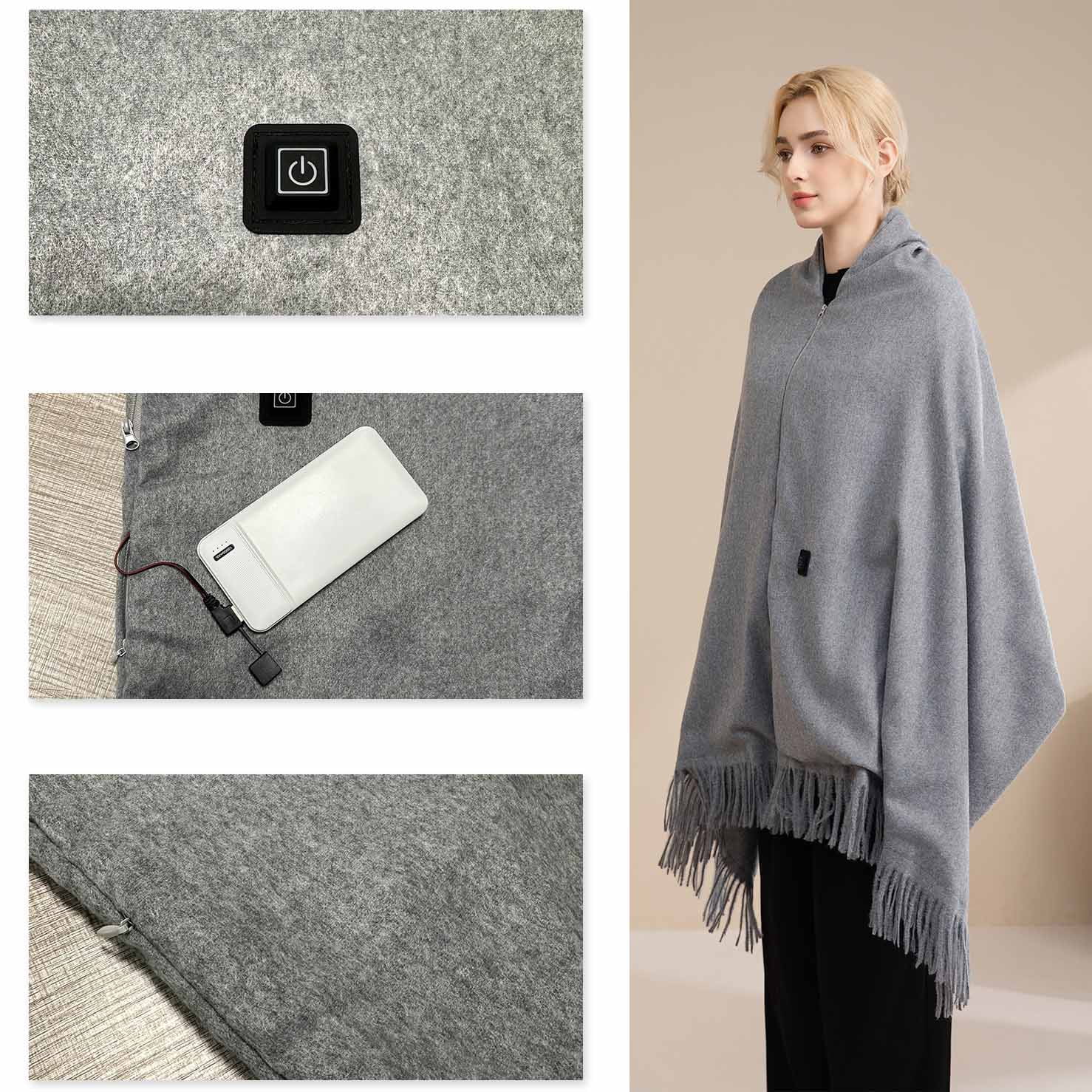 Heated Throw Blanket Battery Operated, Check Pattern Portable Cordless Heated Shawl Ponchol with 2 Heating Areas, Electric Wearable Heating Blanket (C)