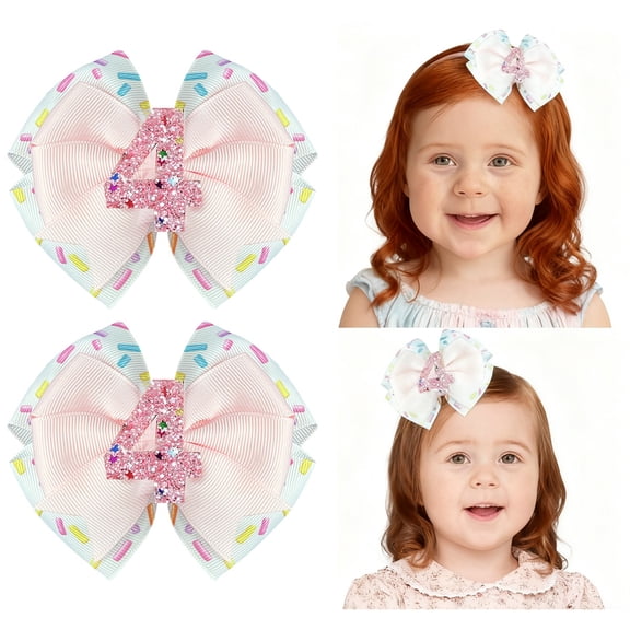 2pcs 4inch 4th Birthday Hair Bows for Girls - Glitter Number 4 Hair Bows Clips, Cute Birthday Hair Accessories for Toddlers Kids, Perfect for 4th Birthday Party, Daily Wear