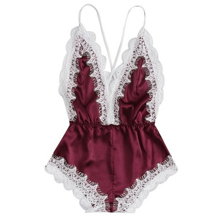 

NARABB Ladies Solid Color Erotic Lace Sexy Deep V Satin Sexy Camisole One-piece Pajamas