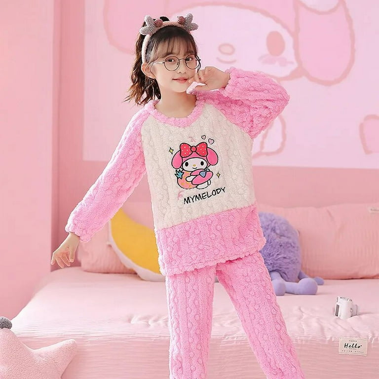 Sanrio Cinnamoroll Thicken Children pajamas Set Kuromi Hello Kitty Winter Boy Girl Flannel Fleece Warm Sleepwear Kids Home Suit