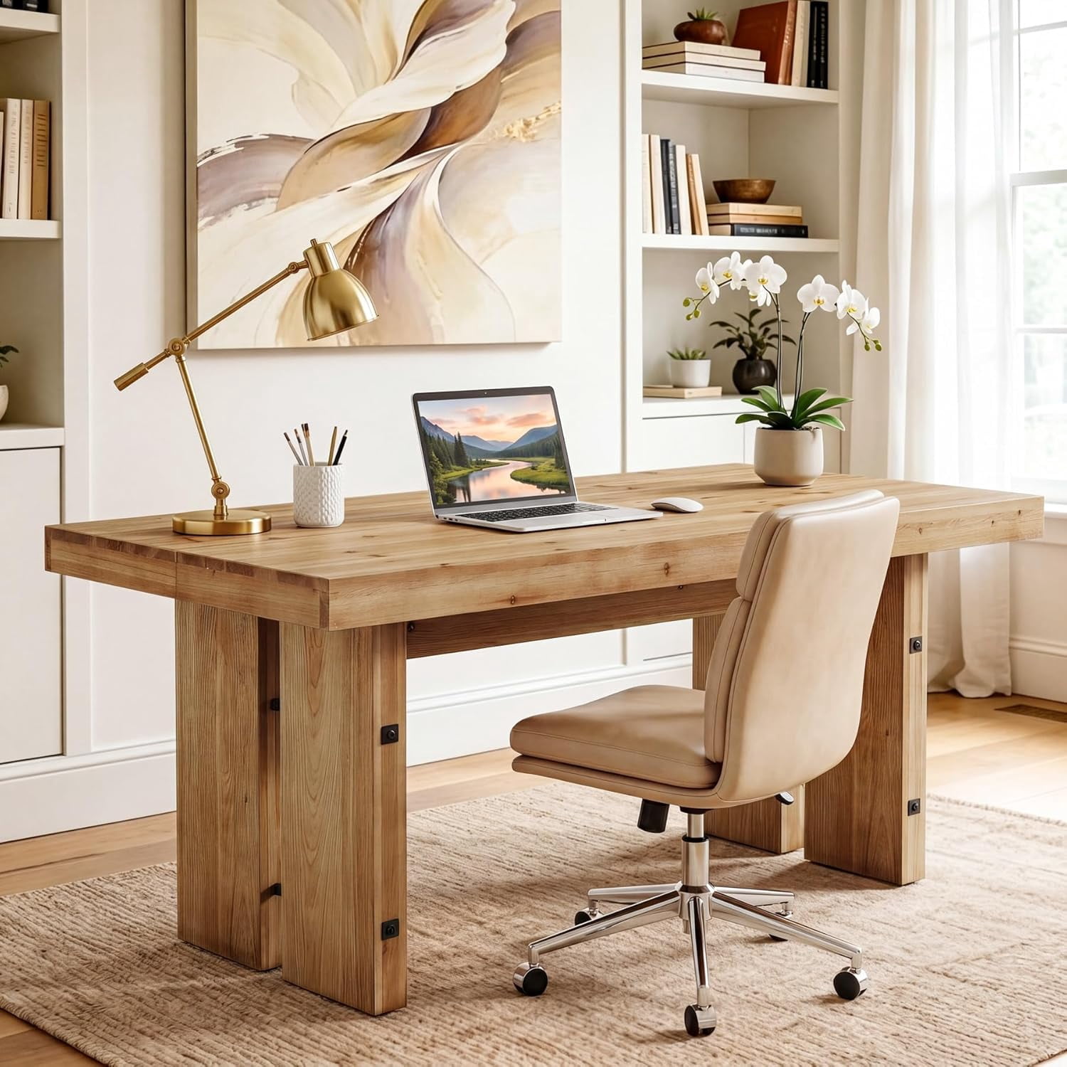 Tribesigns 63-Inch Farmhouse Executive Desk, Solid Wood Computer Desk with Large Tabletop for Home Office, Light Brown