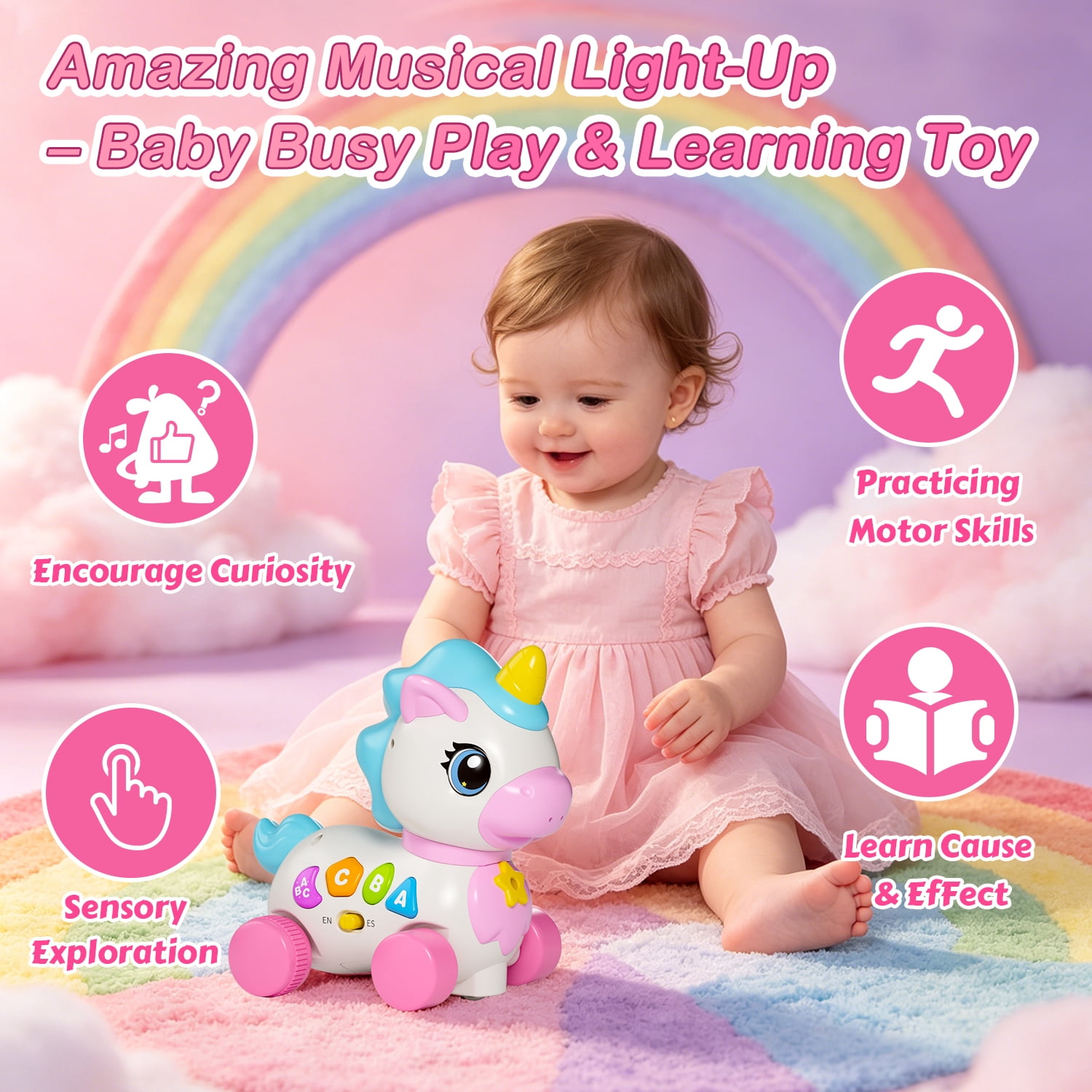 QOQ Baby Unicorn Musical Toy with Music & Lights, Bilingual Educational Sensory Toy for 6-18 Months, Crawling & Walking Learning Toy for Infants & Toddlers, Birthday Gift for Baby Girls Boys