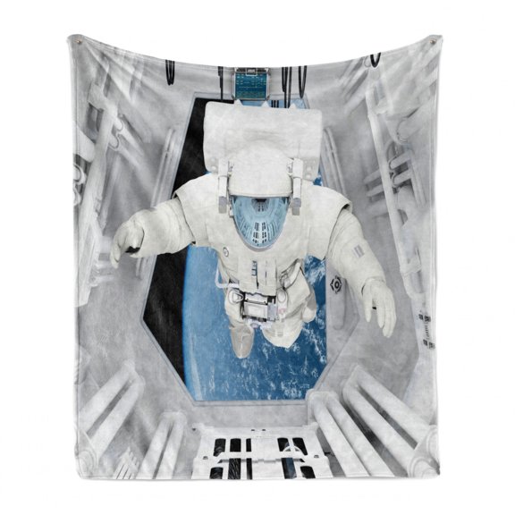 Outer Space Soft Flannel Fleece Throw Blanket, Astronaut Inside Spaceship Cosmic Journey Celestial World Universe Theme, Cozy Plush for Indoor and Outdoor Use, 50" x 60", White and Blue, by Ambesonne