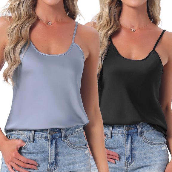 DARING DIVA 2-Piece Women's Satin V Neck Spaghetti Strap Sleepwear S Black Light Blue