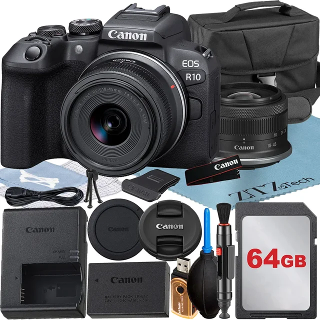 Canon EOS R10 Mirrorless Camera with RF-S 18-45mm Lens + 64GB Memory Card + Case + ZeeTech Accessory Bundle