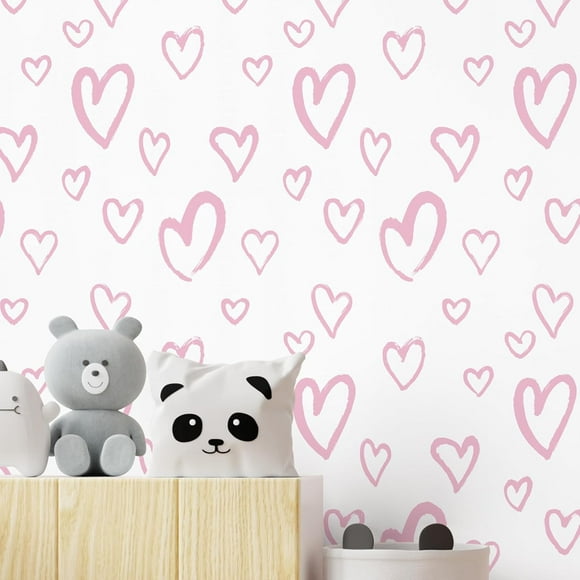 Biwat White and Pink Heart Wallpaper 17.3"x120" Peel and Stick Modern Removable Self-Adhesive Waterproof Wallpaper for Bedroom Kids Room Nursery