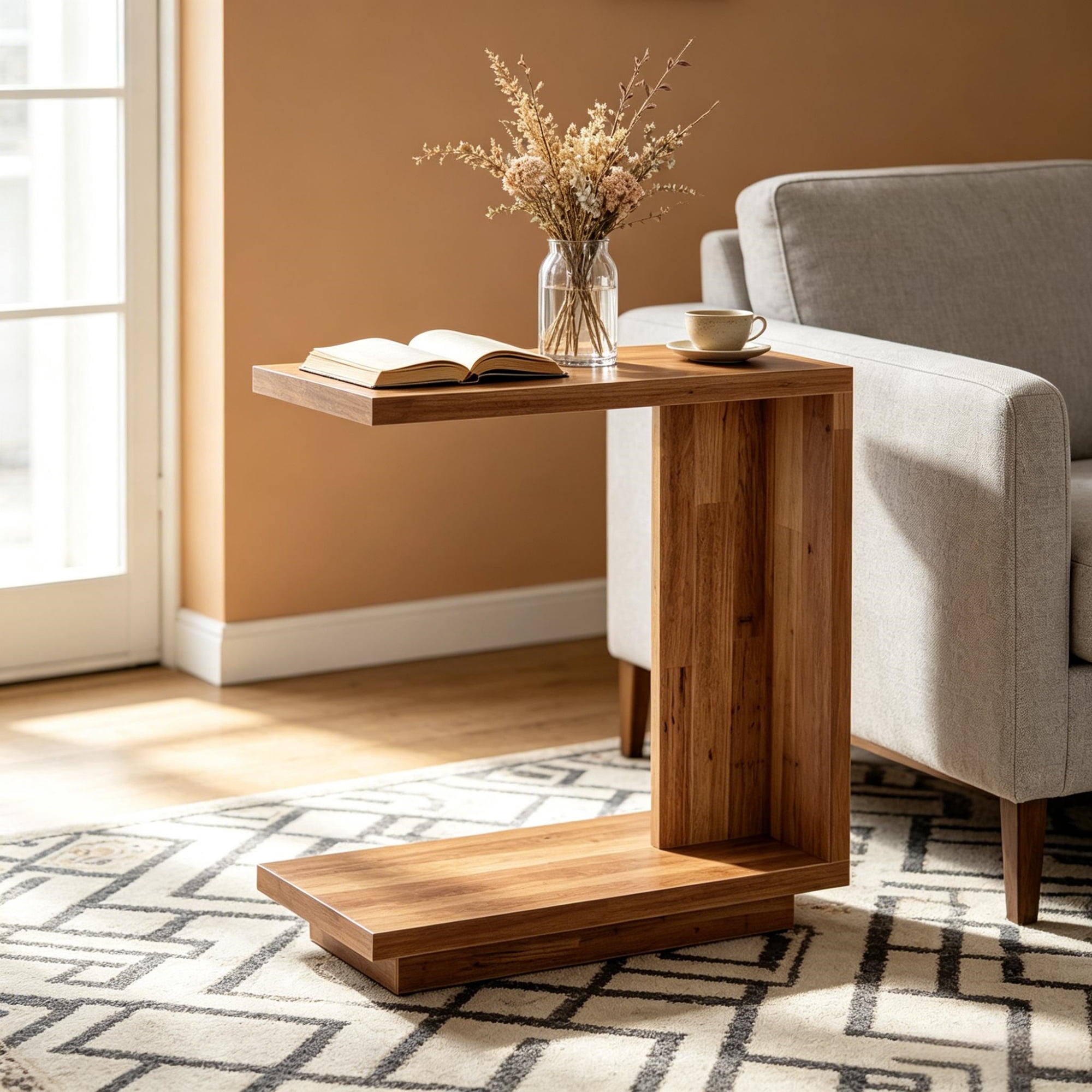 End Table, C-Shaped Side Table with 2 Open Shelves