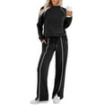 thumbnail image 3 of Nokdvo Women Two Piece Set Lightweight Casual Long Sleeve Pullover Tops Round Neck Drawstring Wide Leg Leg Slit Pants Striped Fall Winter Sweatshirts Set with Pockets,Black 2XL, 3 of 3
