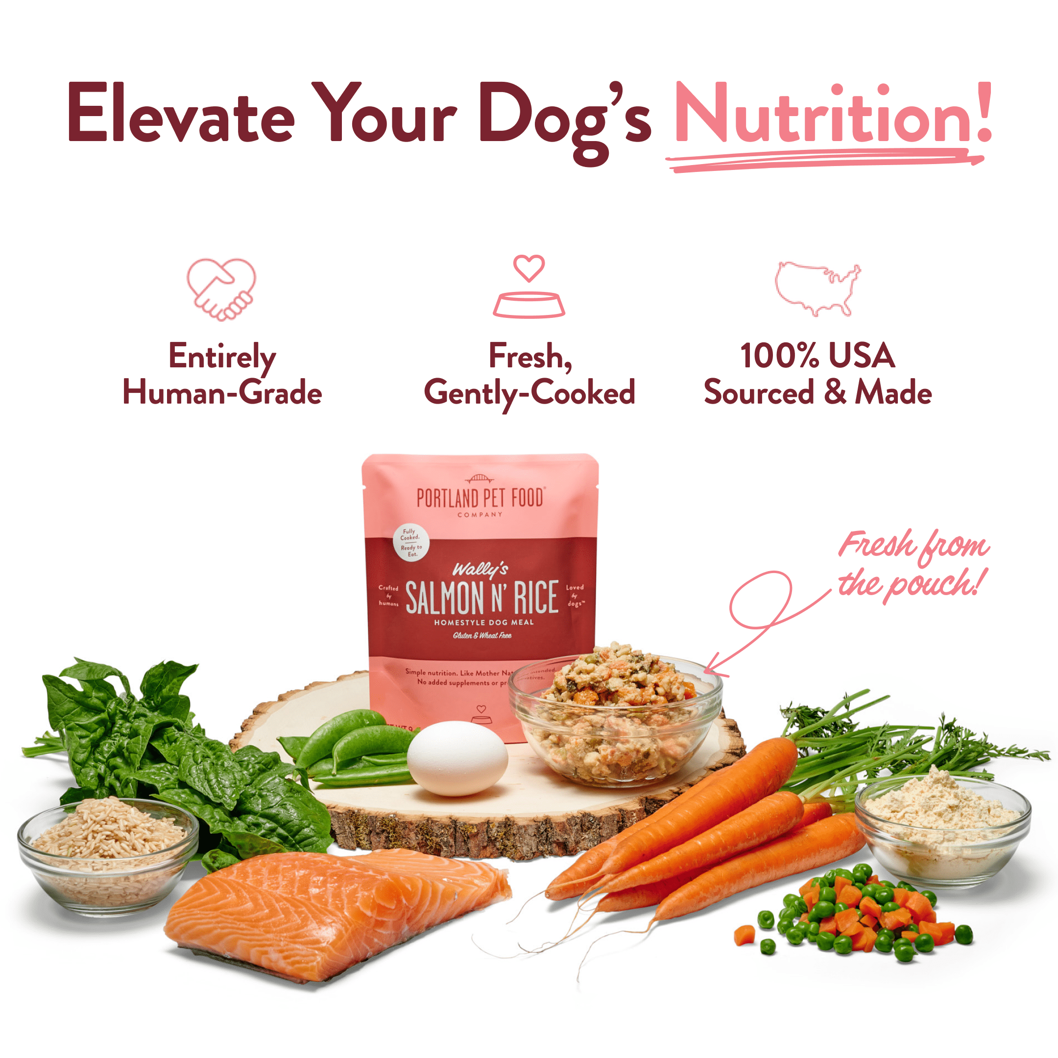 Portland Pet Food Company Wally’s Salmon N’ Rice Fresh Dog Food Pouches Human-Grade, Gluten-Free Wet Pet Meal Toppers Mix-Ins & Meals - Large & Small Breed, Puppy to Senior - Made in the USA - 8 Pack