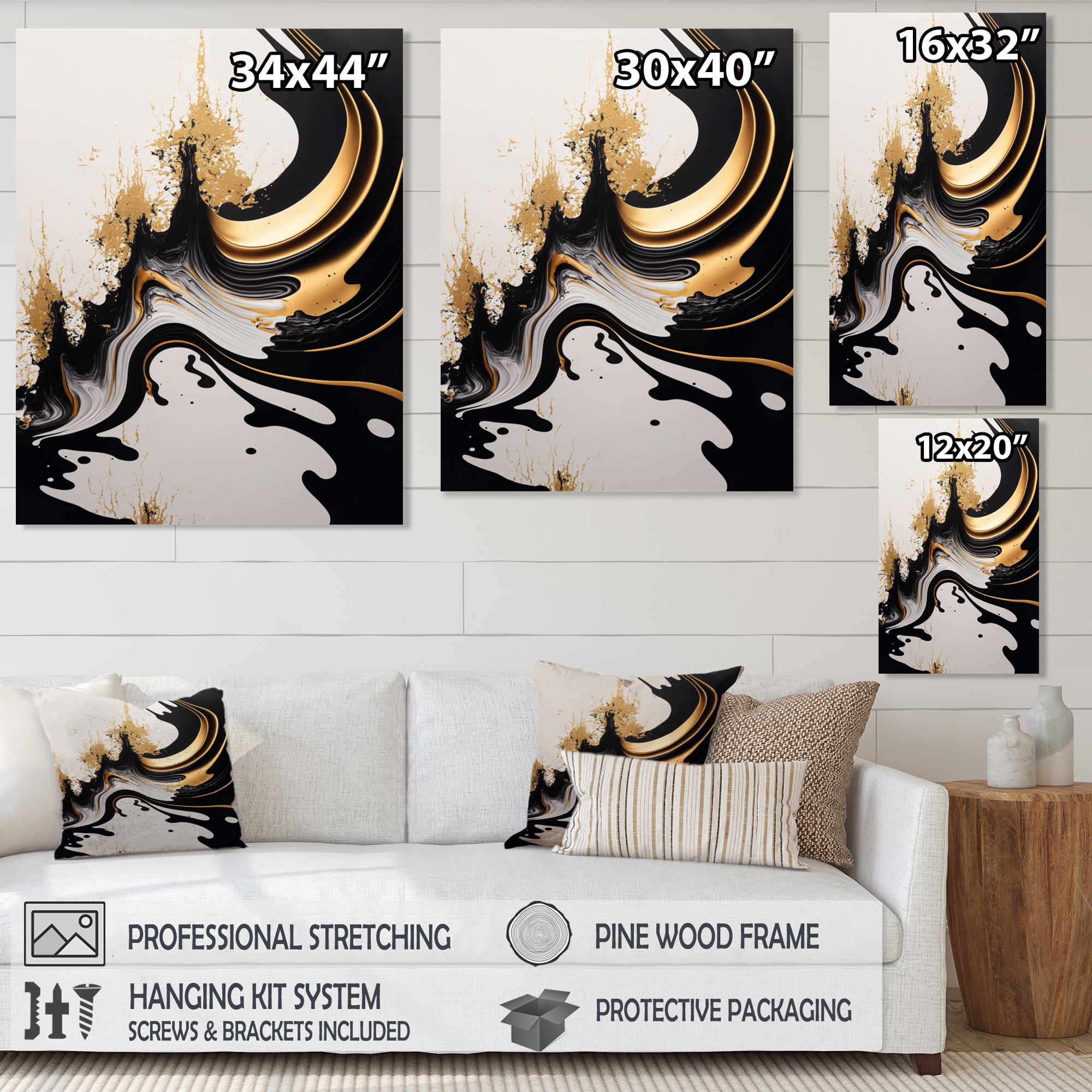 Designart Black And Gold Wave Canvas Wall Art