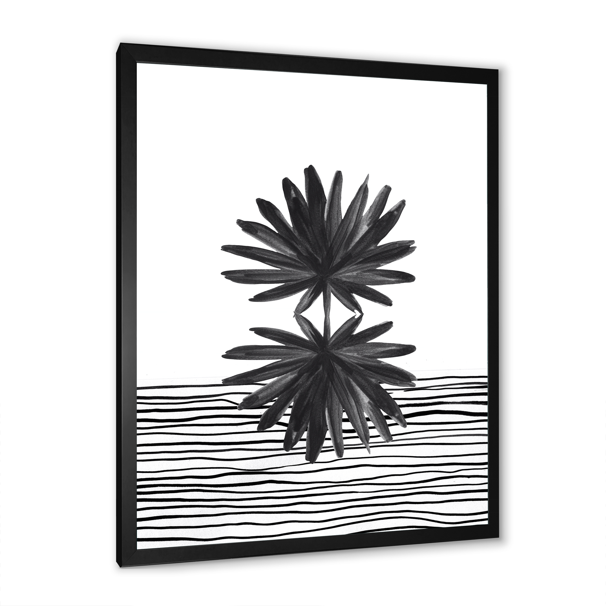 Designart 'Black and White Striped Under Tropical Leaf II' Modern Framed Art Print