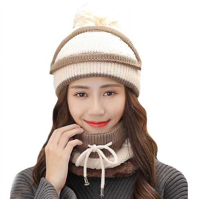 black White Winter Lady 3 piezas de punto Pom Hat Bufanda Conjunto de mascarilla facial