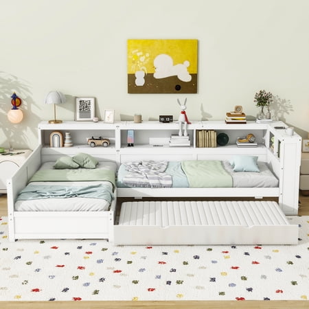 Euroco Wood Twin Size Platform Bed, L Shaped Daybeds with Storage Headboard and USB Charging, 3-in-1 Bed with Trundle and Drawer, White