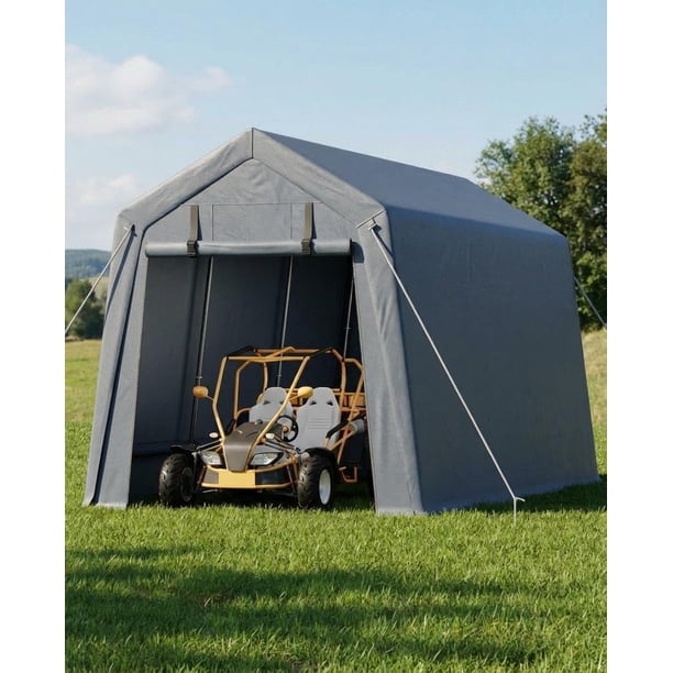 QinaQin Bodega portátil para exterior de 7 x 15 pies con puerta enrollable y ventanas de malla, lona impermeable de uso rudo para moto, bici, leña o herramientas