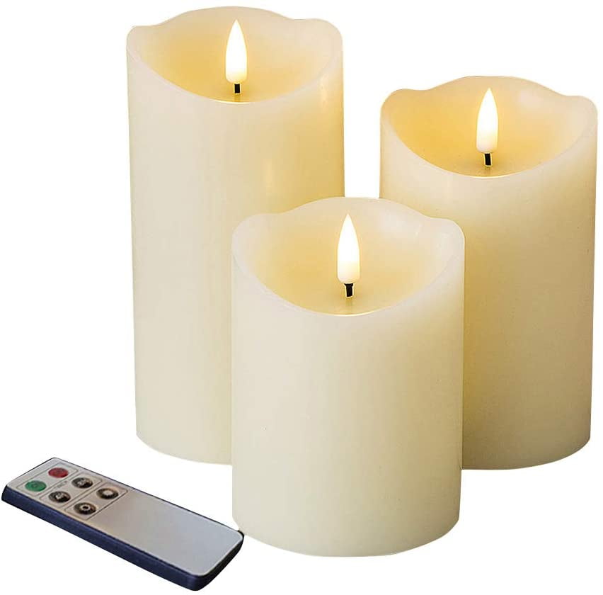 Candles Set Of 3 Flameless LED Timer Remote WAX Pillar Ivory Moving Wick 