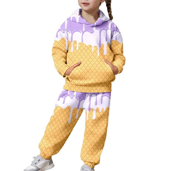CAIVO Child Girls Fashion Casual Ice Cream Print Hooded Tracksuits Sweatsuit Long Sleeve Tops And Pants Big Kids Youth Two Piece Outfit Sets With Soft Comfort Fit 8-9 Years