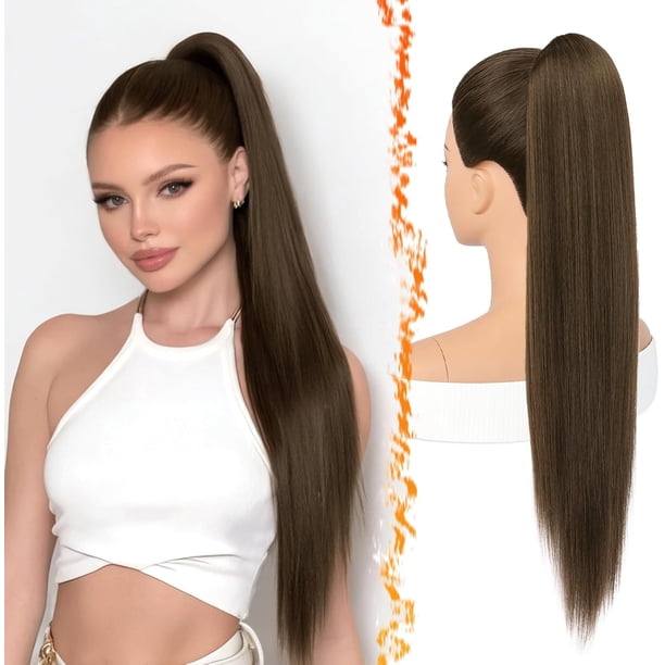 Yanonmyfd Black Straight Drawstring Ponytail Extension - 28 Inch Long Straight Drawstring Ponytail Extension Natural Looking Fluffy Soft Synthetic Cheer Posh Pony Tails Hairpieces Daily Party