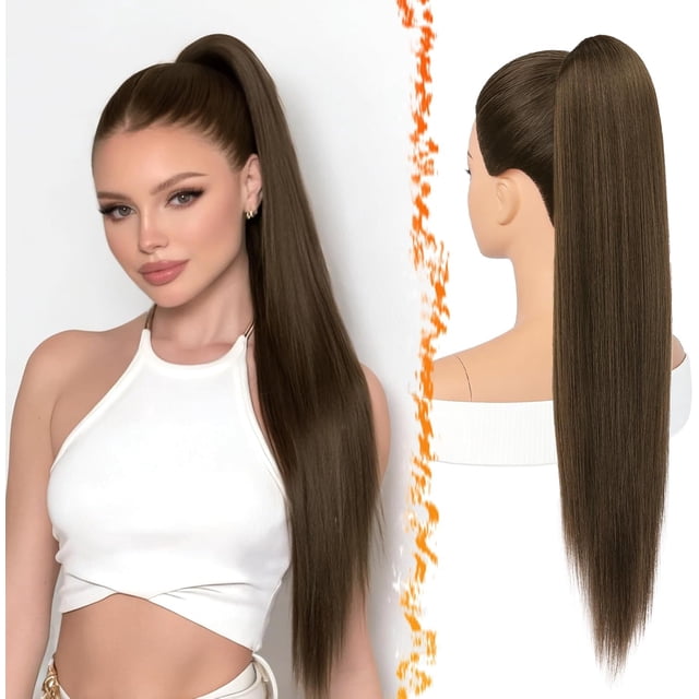 Yanonmyfd Black Straight Drawstring Ponytail Extension - 28 Inch Long Straight Drawstring Ponytail Extension Natural Looking Fluffy Soft Synthetic Cheer Posh Pony Tails Hairpieces Daily Party