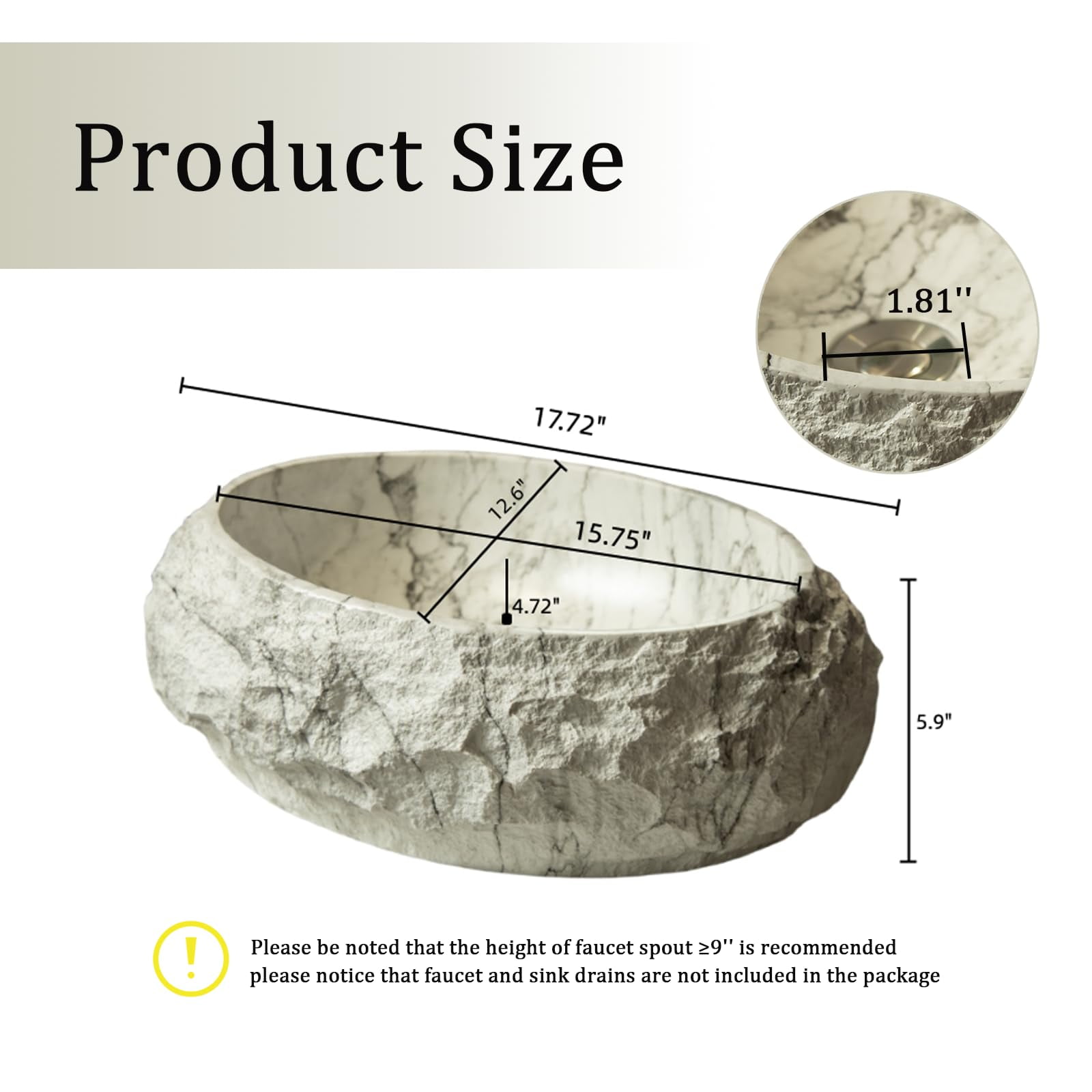 18" Artistic Stone Pattern Vessel Bathroom Sink - Irregular Oval Resin Basin，Ivory