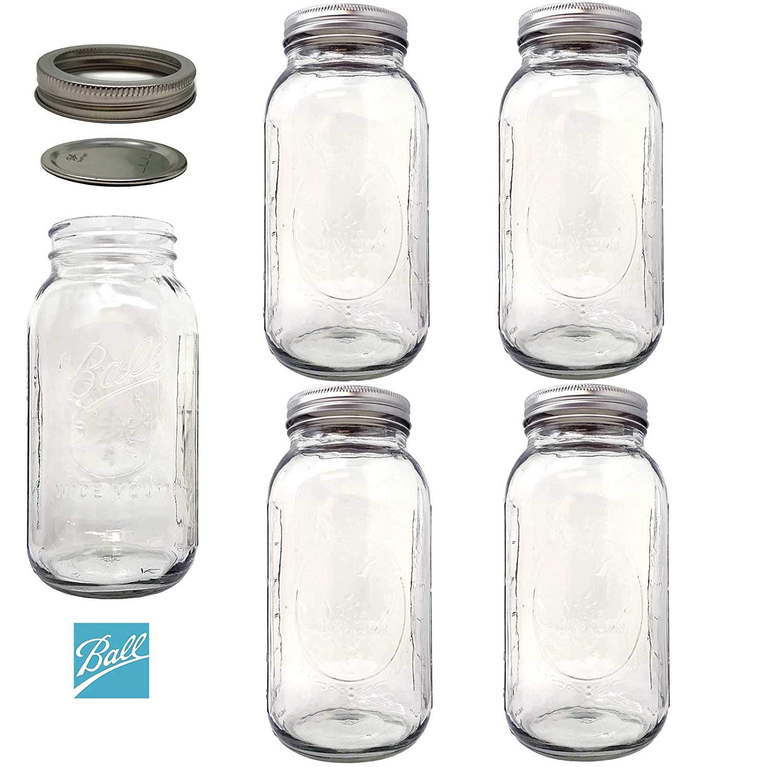 2 Pack,6 Count Ball Glass Mason Jar W/Lid & Band Wide Mouth 64 Ounces,