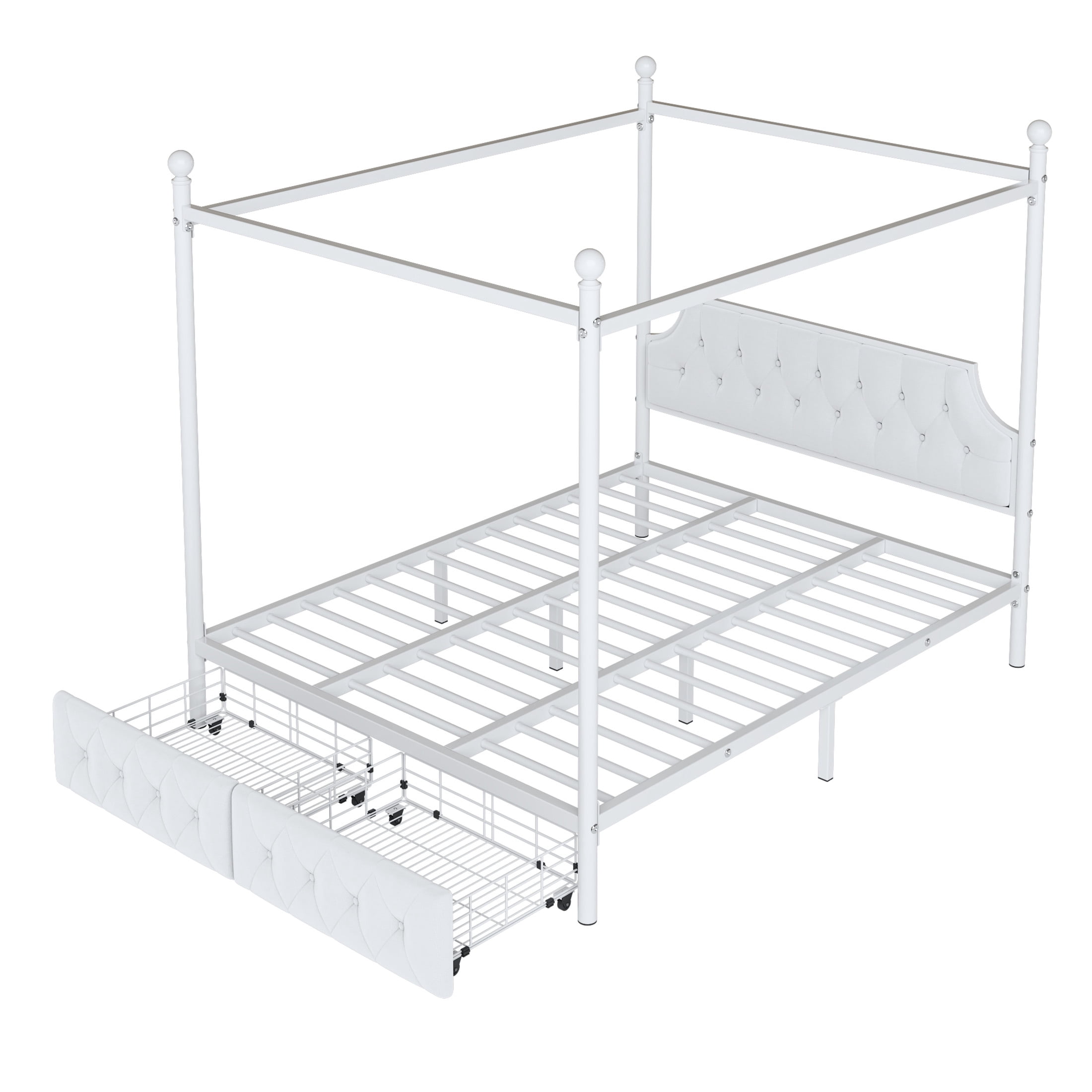 Noble House Carmen Queen Metal Canopy Bed, Platform Frame with Velvet Headboard and Storage Drawers, White