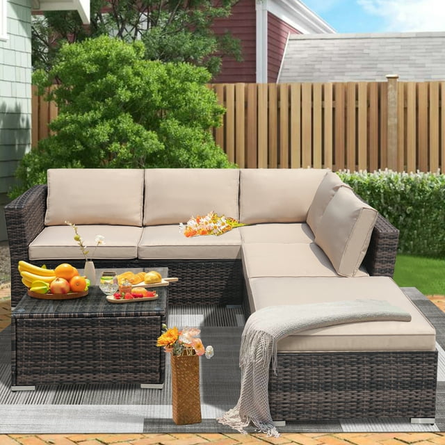 Outdoor Conversation Sets, 4 Piece Patio Furniture Sets with Loveseat Sofa, Lounge Chair, Wicker Chair, Coffee Table, Patio Sectional Sofa Set with Cushions for Backyard Garden Pool, LLL1326