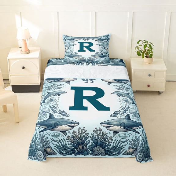 jejeloiu Ocean Themed Alphabet R Twin Sheets,Watercolor Sea Animals Shark Bedding For Boys,3-Piece,1 Fitted Sheet and 1 Pillowcase