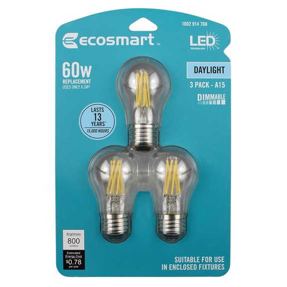 EcoSmart 60-Watt Equivalent A15 Dimmable Energy Star Clear Filament Vintage Style LED Light Bulb Daylight (3-Pack)