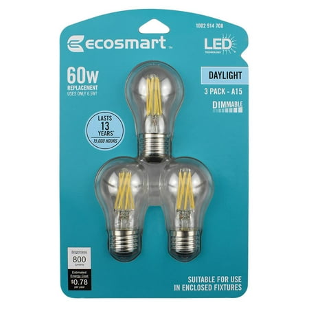 

EcoSmart 60-Watt Equivalent A15 Dimmable Energy Star Clear Filament Vintage Style LED Light Bulb Daylight (3-Pack)