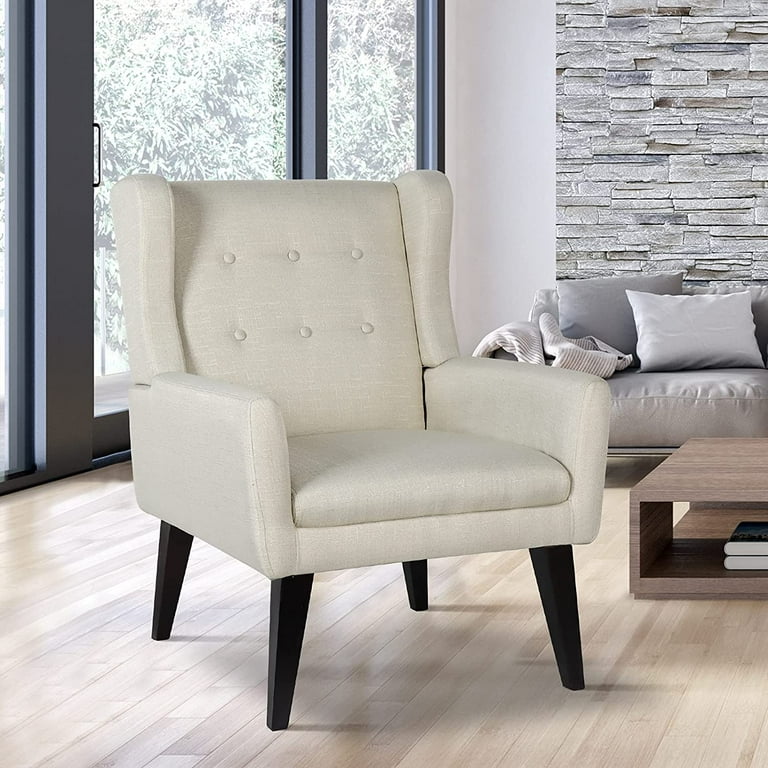 July s Song Accent Chair Mid Century Modern Wingback Chair Tufted Fabric Comfy Living Room Chair Beige