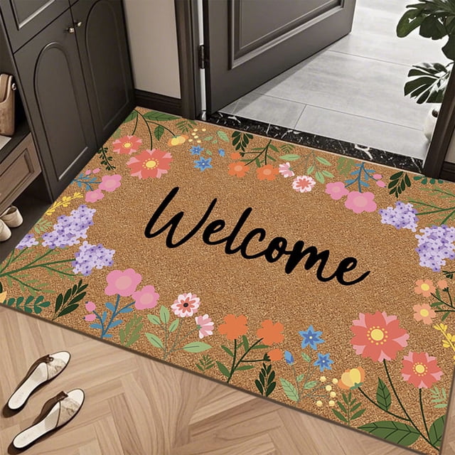 Spring Floral Outdoor Doormat Artificial Coir Entry Mat | Non-Slip Rubber Backing Grip | Sturdy Weather-Resistant Floor Mat for Front Door, Patio, Indoor or Outdoor Use