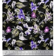 thumbnail image 1 of Soimoi Purple Japan Crepe Satin Fabric Bird,Leaves & Orchids Flower Printed Fabric 1 Yard 42 Inch Wide, 1 of 1