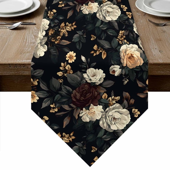 Vintage Black Floral Table Runner Linen Burlap Table Runner 90 Inches Long Spring Seasonal Botanical Blooms Dresser Scarves for Kitchen Island Coffee Dining Party Wedding Holiday Decor 13"x90"