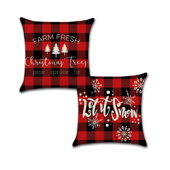 Red Plaid Christmas Design Cotton Linen Fabric Decorative Indoor Outdoor Throw Pillow Cover Set 18x18