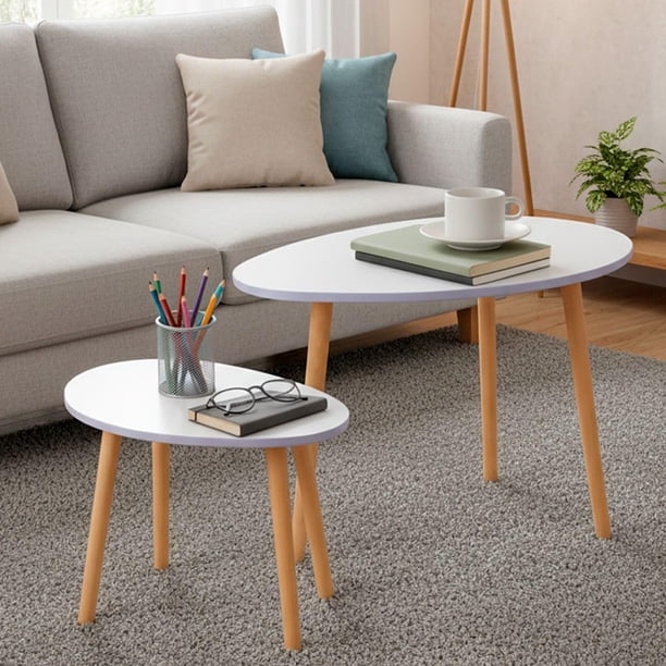 Set de 2 Mesas Minimalistas Ovaladas Mesa Auxiliar Lateral Mesita Moderna Minimalista para Sala De Estar Dormitorio Balcón Mesa de Centro Mesita De Noche Grande (Blanca)
