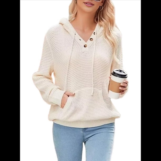 Sudadera de Lana Extragrande con Capucha y Colores Contrastantes para Mujer, de Punto, con Cuello en V, Informal, con Bolsillos Beige M