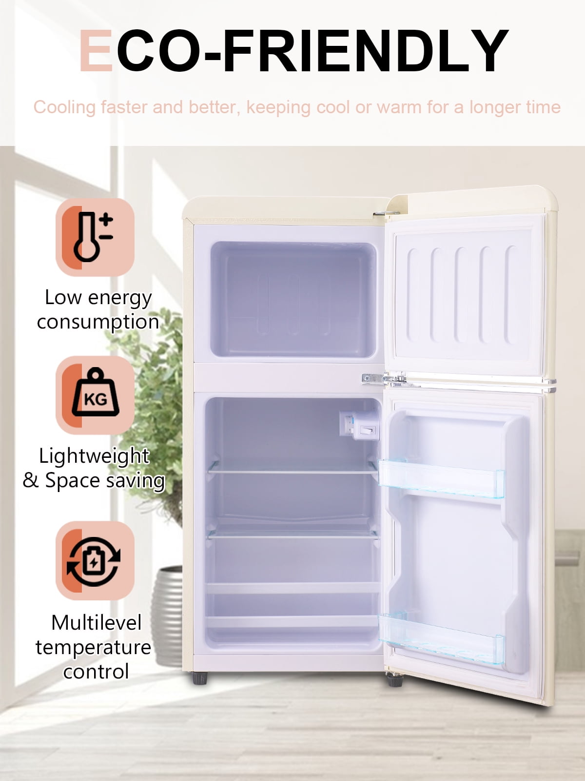Krib B Compact Refrigerator 3.5 Cu.ft, Mini Fridge with Freezer, Retro Fridge with Dual Door, 7 Grade Temperature Adjustment, Cream