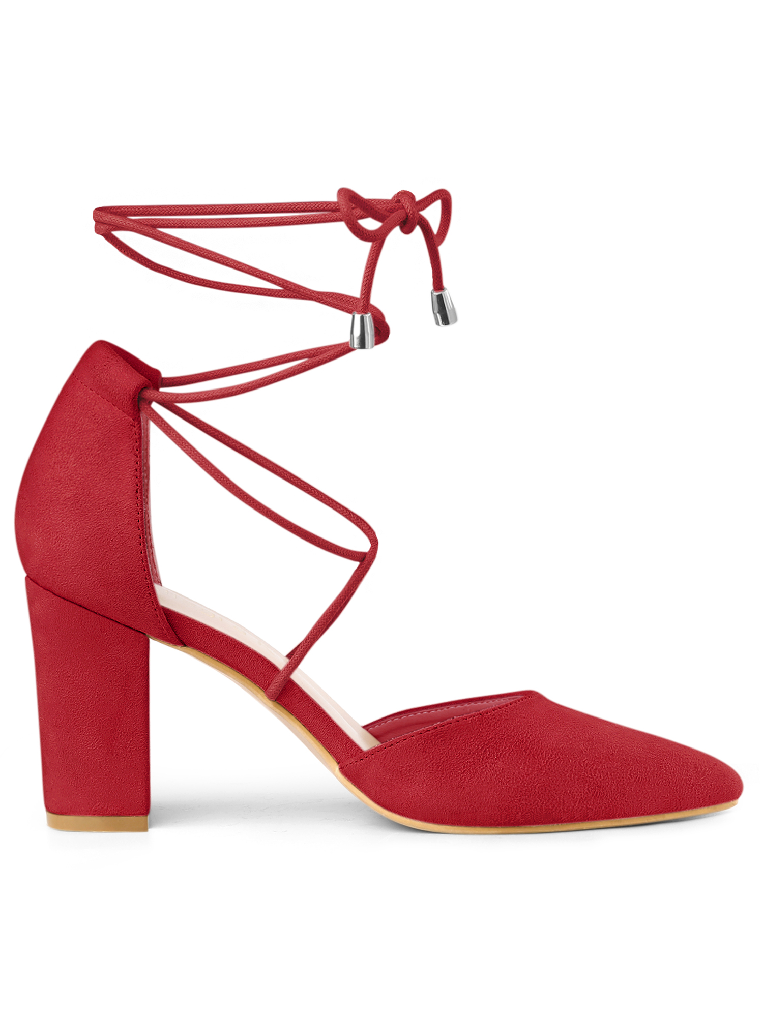 DARING DIVA Women's Pointed Toe Chunky Heels Lace Up Sandals and Pumps Red 7