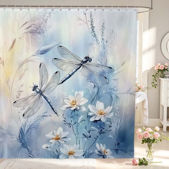 Erosebridal Vintage Dragonfly Shower Curtain 72Wx72L,Elegant Flower Bathroom Curtain,White Blue