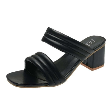 

Sandals Women Ladies Fashion Summer Solid Color Leather Thick High Heel Sandals And Slippers Womens Sandals Pu Black 40