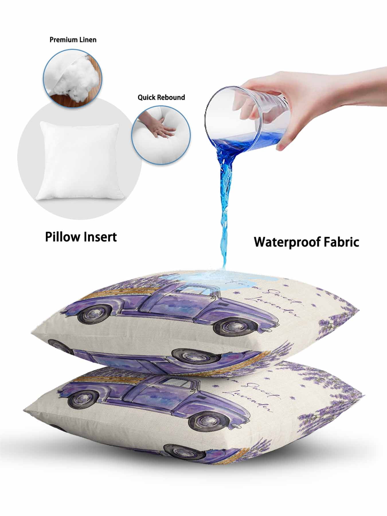 Outdoor Throw Pillow Set of 2, Purple Lavender Waterproof Pillow with Insert Included, Spring Floral Flowers Truck Farmhouse Beige Decorative Accent Cushion Sofa Pillows for Patio Porch, 16 x 16 In