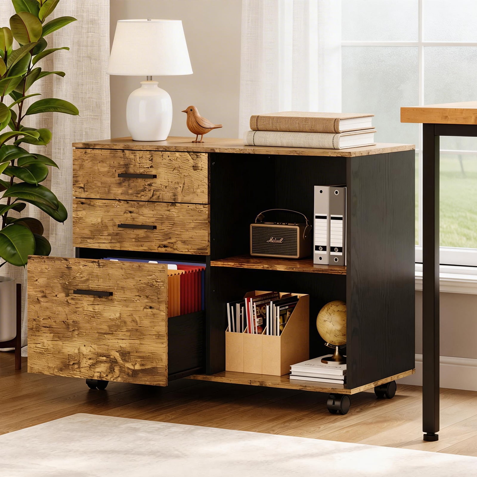 Ktaxon 3 Drawer File Cabinet with Open Shelf, Wood Rolling File Cabinet with Open Shelves,Legal & Letter Size, Brown