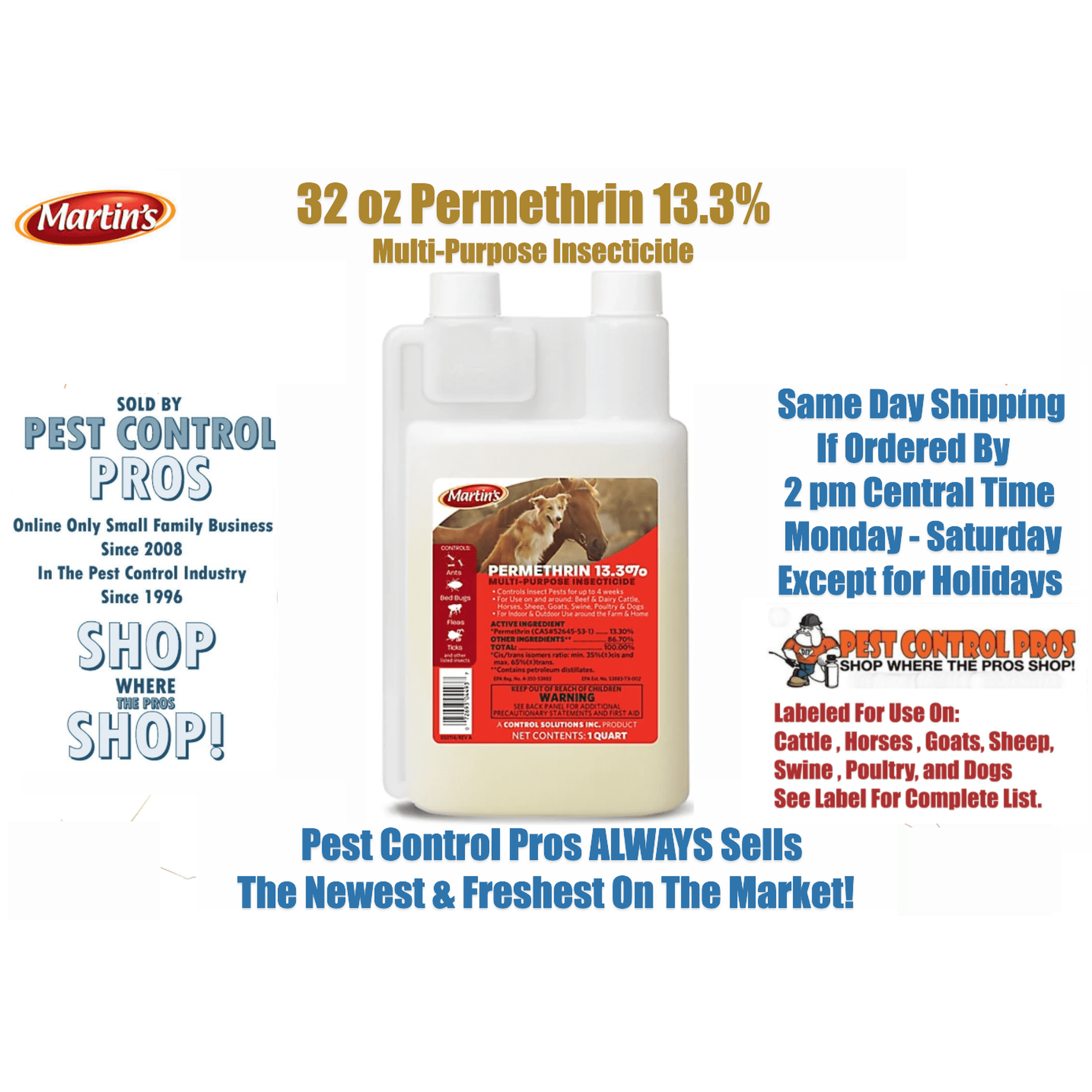 32 oz 13.3% Permethrin Kill Mites Flies etc on Livestock Dogs Poultry Farm Use