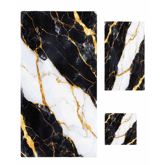 Black Marble Towel Set of 3, Soft Microfiber Bath Towels, Hand Towel, Washcloths, Luxury Gold White Abstract Cracks Artwork Quick-Dry Absorbent Towels for Bathroom Kitchen Hotel Beach Gym Spa