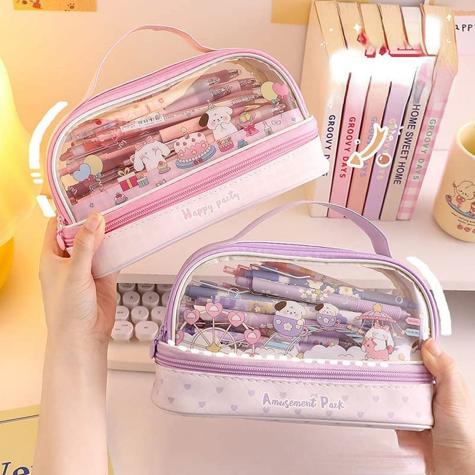 DanceeMangoo Pencil Bag Cute Strawberry Pattern Pencil Case Cartoon Pink  Pencil Bag with Bow School Stationery Supplies (Blue)